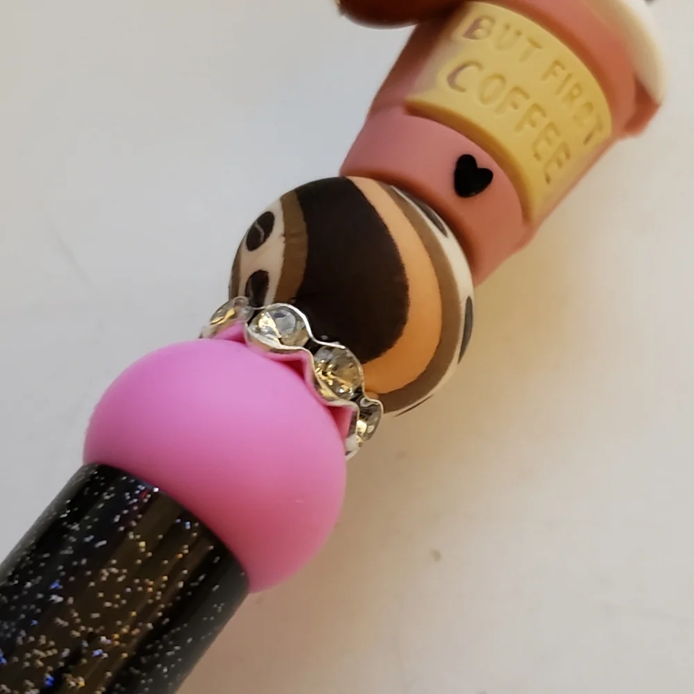 Handmade Glitter But First Coffee Beaded Silicone Focal Bead Pen